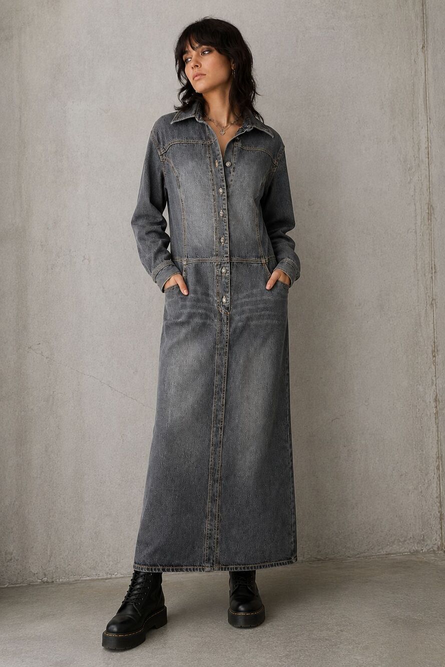 Vintage Y2K Newport News Jeanology Gray Wash Maxi Denim Dress Grunge Utility 14